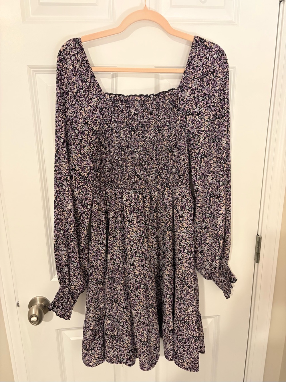 SHEIN Purple Floral Long-Sleeve Smocked Mini Dress 0XL